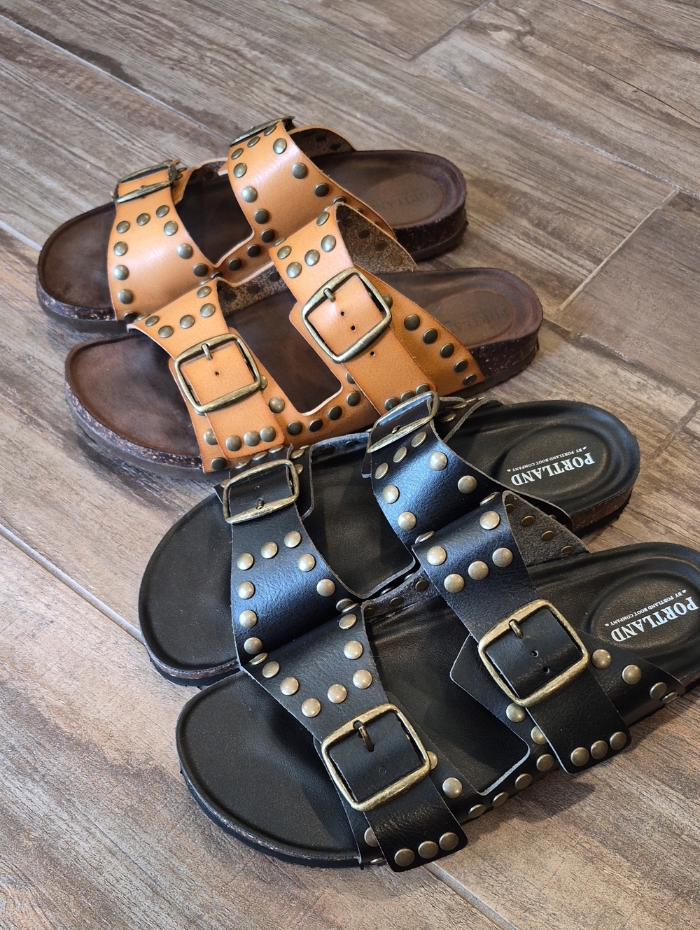 7.5/8 Portland Faux Leather Studded Adjustable Buckle Slide Sandals - Picture 4 of 11